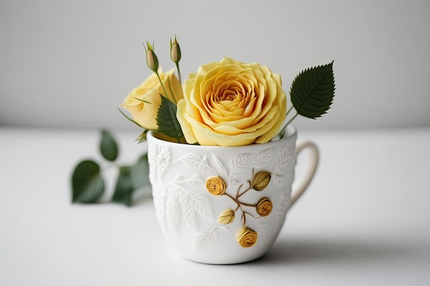 Yellow rose in white cup on white