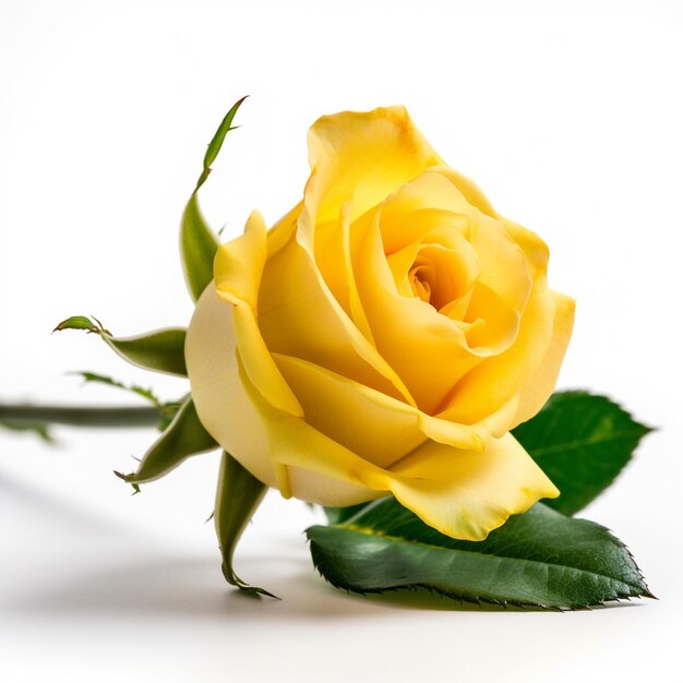 Yellow rose with green leaves on white background with white background generative ai