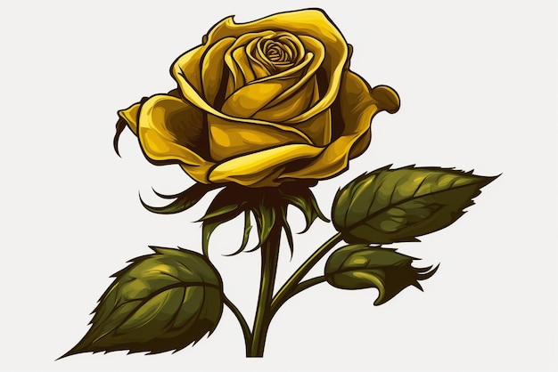 A yellow rose with green leaves on a white background