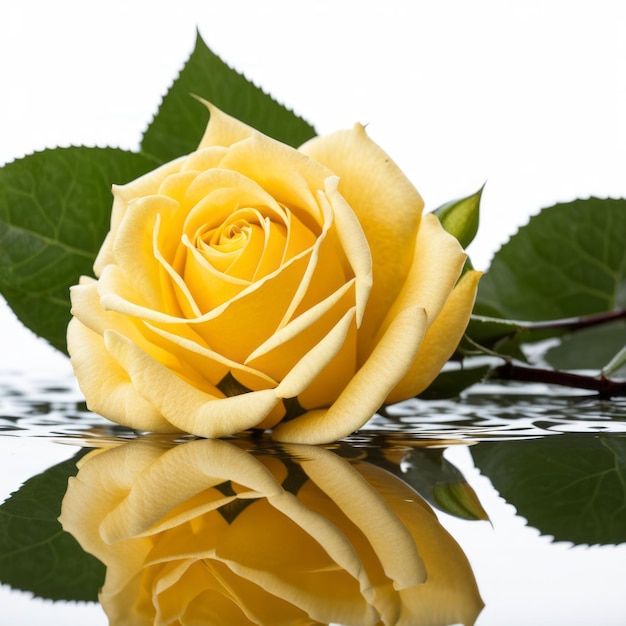 Yellow rose with reflection on white background