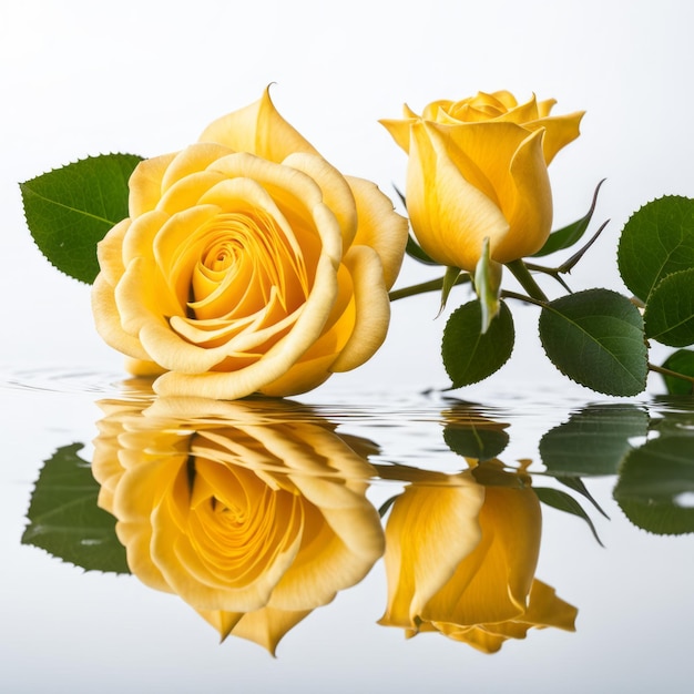 Yellow rose with reflection on white background