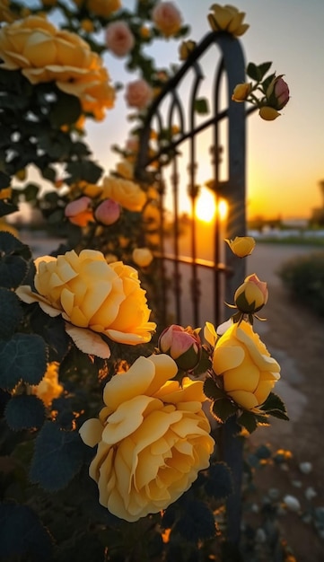 Yellow roses are blooming on a fenced in area with gate generative ai