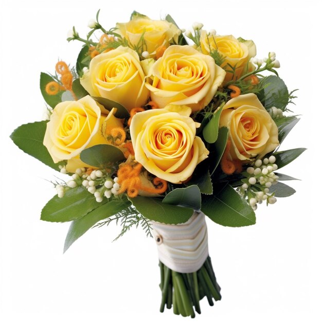 Yellow roses and berries are arranged in a bouquet on a white background generative ai