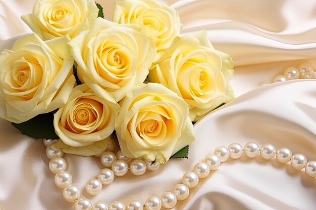 Yellow roses bouquet and pearlsin white background