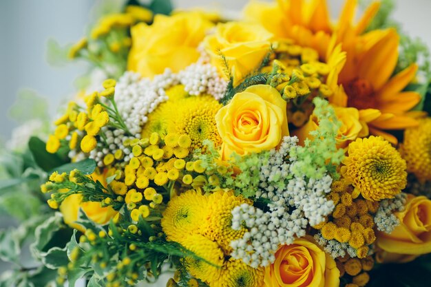 Yellow Roses Bouquet on the window surface