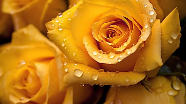 Yellow roses flowers with drops background closeup of blossom with glistening droplets generative ai