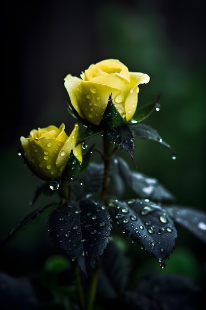 Yellow roses in the rain