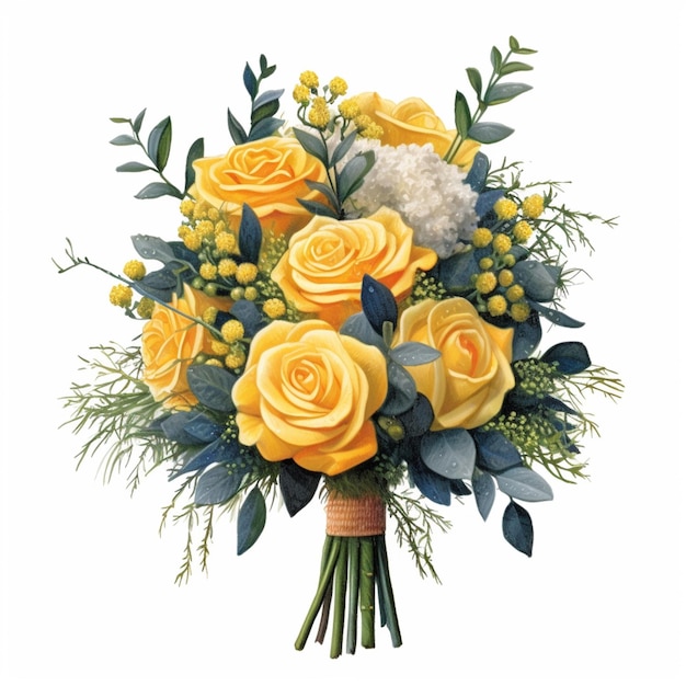 Photo yellow roses and white carnations are arranged in a bouquet generative ai