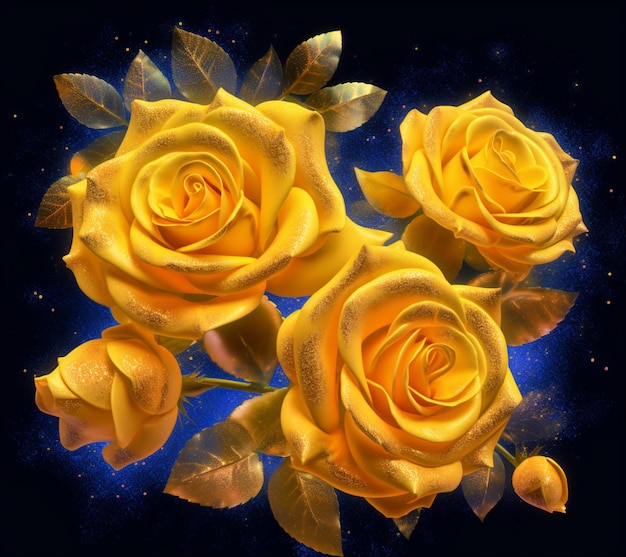 yellow roses with green leaves against a blue background generative ai