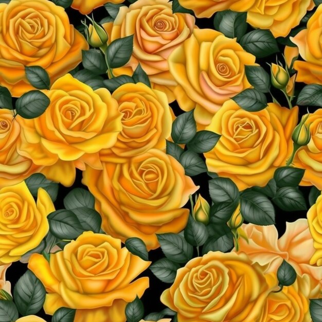 Yellow roses with green leaves are in a seam pattern generative ai