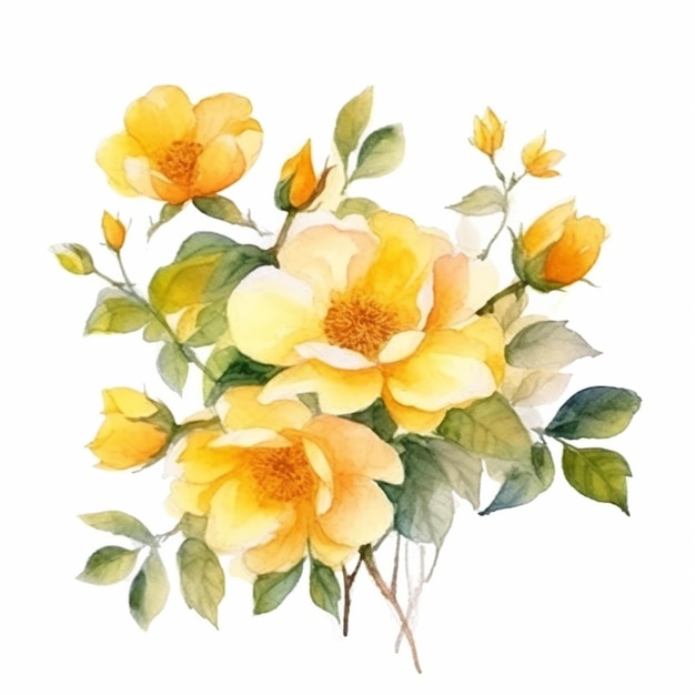 Yellow roses with green leaves on a white background generative ai