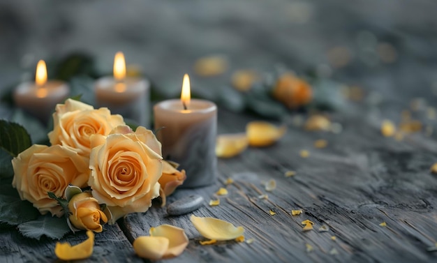 Foto rose gialle con candela accesa e ciottoli su un tavolo bianco di legno in stile scandinavo
