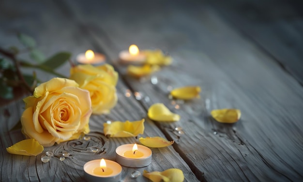 Yellow roses with lit candle and pebbles on white wooden table in Scandinavian style