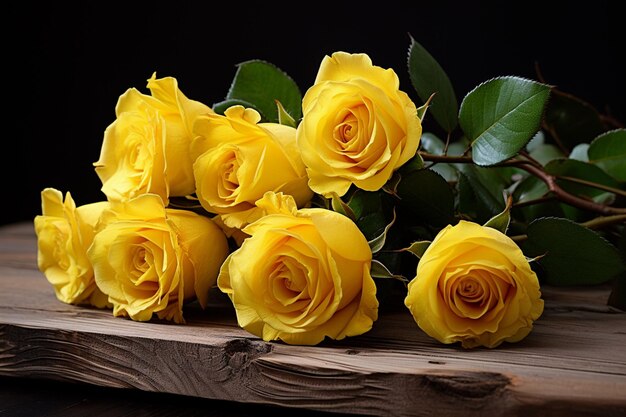 Photo yellow roses on a wooden board with leaves on a black background generative ai