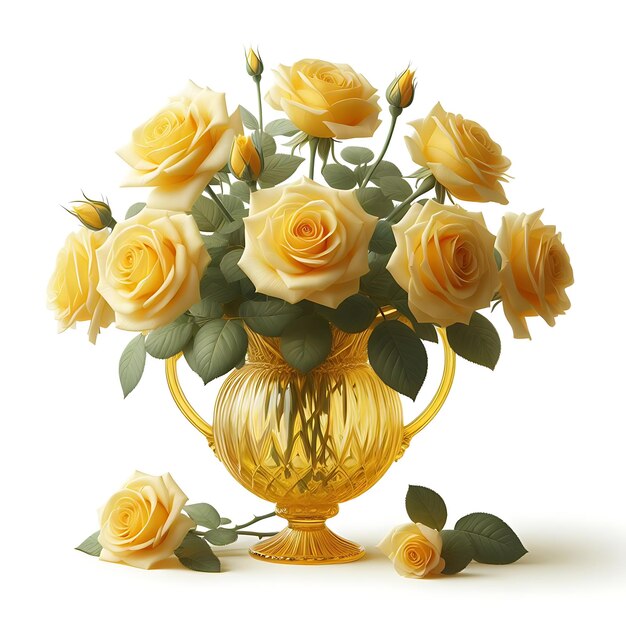 Yellow Roses in a Yellow Crystal Vase Isolated on White Background