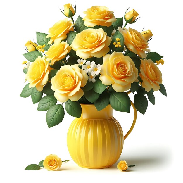 Yellow Roses in a Yellow Vase Isolated on White Background