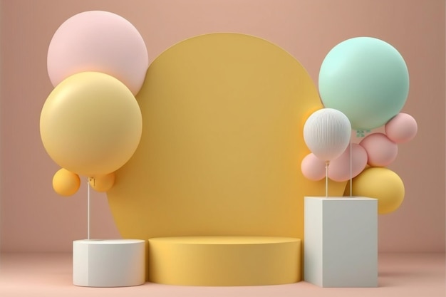 Yellow round display podium decorated with pastel balloons on light pink background Created with Generative AI