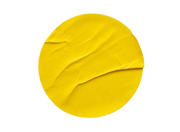 白い背景で隔離の黄色の丸い紙のステッカーラベル