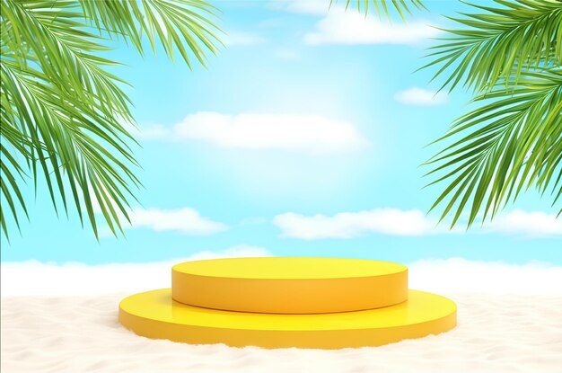 Yellow round podium platform with tropical beach with blue sky white clouds and palm leaves