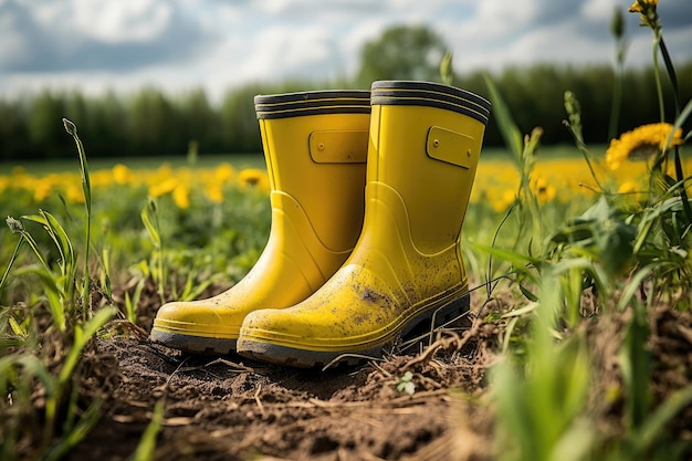 Yellow rubber boots abandoned in the field staying on the grass