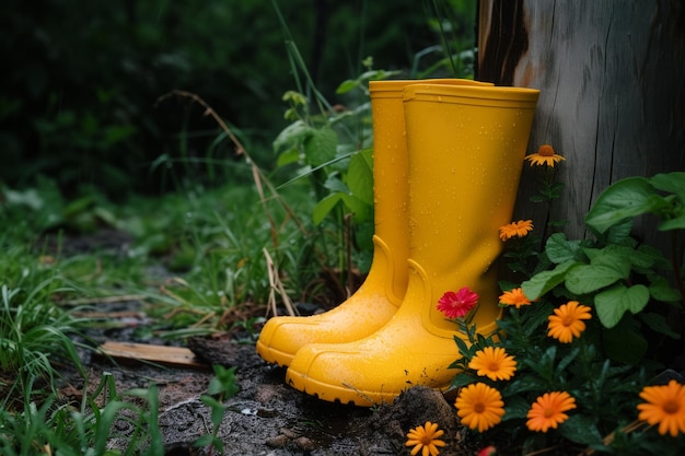 Yellow rubber boots in garden with flowers