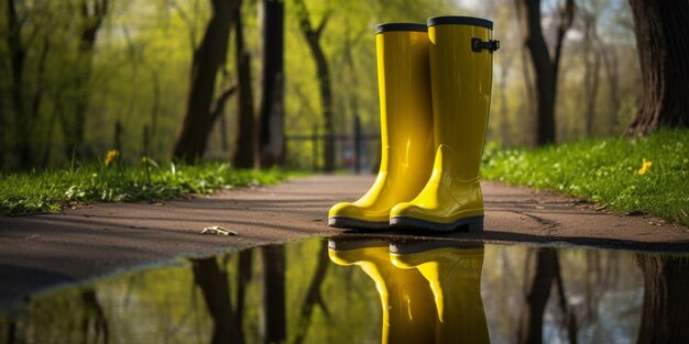 Yellow rubber boots on the village road