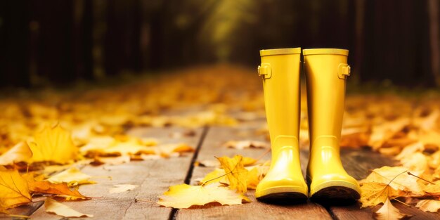 Yellow rubber boots on wooden board with autumn leaves with copy space generative ai