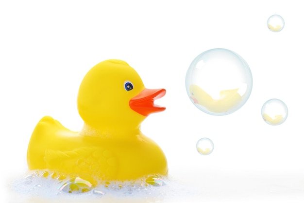 Yellow rubber duck in bath foam