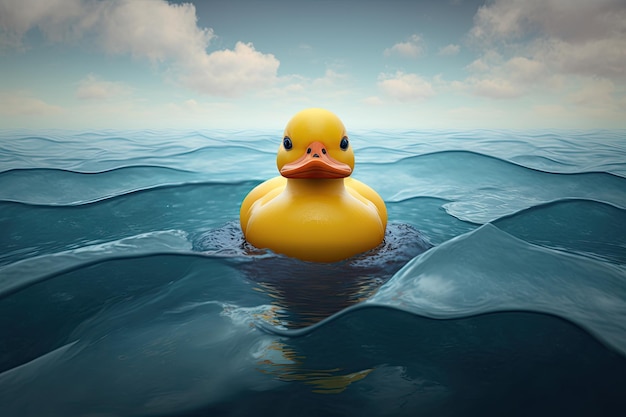 A yellow rubber duck floating in the sea