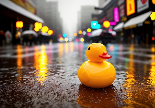 A yellow rubber duck sits in the rain in front of a store.