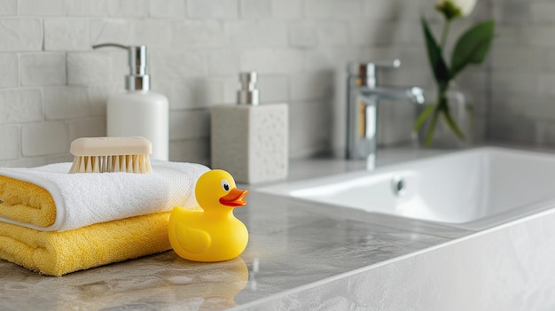 Photo a yellow rubber duck stands next to bathroom accessories