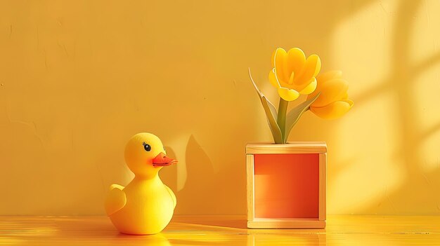 Yellow rubber duck and yellow tulip in vase on yellow background