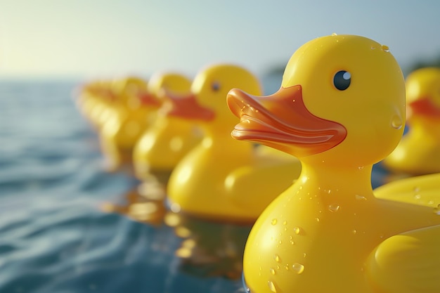 Yellow rubber ducks in a row one facing opposite