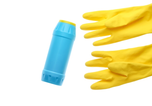 Yellow rubber gloves for cleaning, bottle of detergent isolated on white background