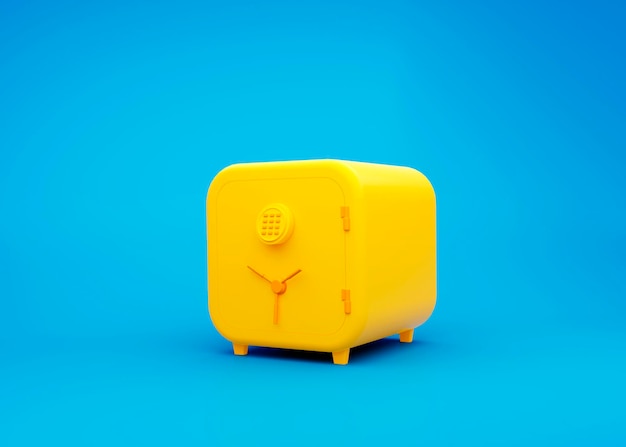 青の背景に黄色のセーフティ ボックス貯金銀行預金保存お金の概念 3 d レンダリング
