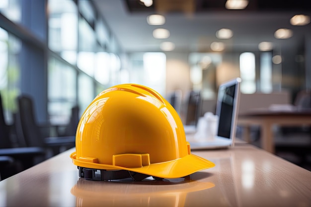 Yellow safety helmet safety helmet on workplace desk clipping path hard hat