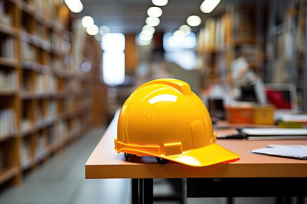 Yellow safety helmet safety helmet on workplace desk clipping path hard hat