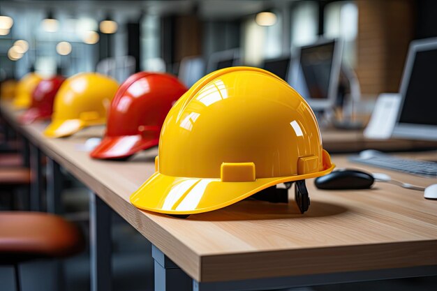 Yellow safety helmet safety helmet on workplace desk clipping path hard hat