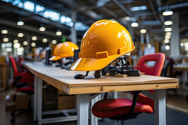 Yellow safety helmet safety helmet on workplace desk clipping path hard hat