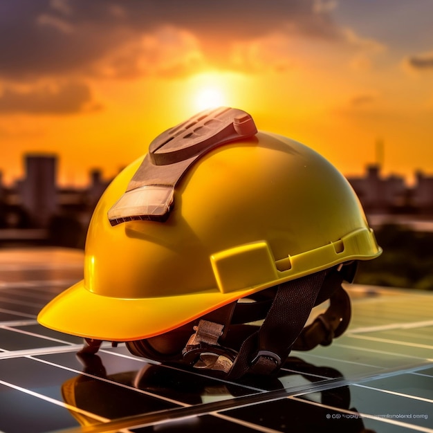 Yellow safety helmet on solar cell panel at sunrise generative ai