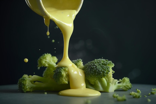 A yellow sauce being poured into a cup of broccoli.