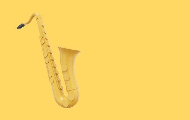 Yellow saxophone musical instrument from side 3d rendering Icon on yellow background space for text