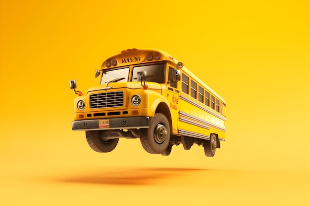 A yellow school bus flying in the air
