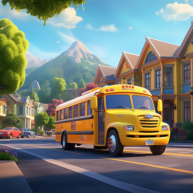 a yellow school bus in front of a school in style of Pixar