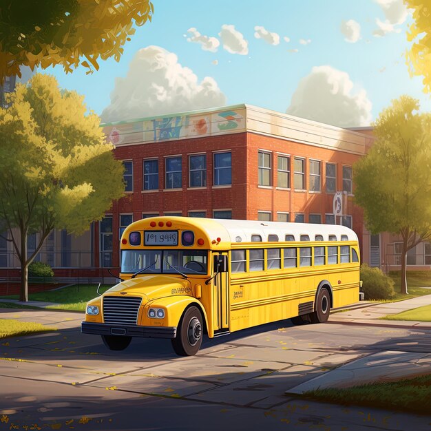 a yellow school bus is parked in front of a building