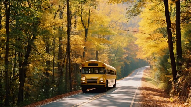 Photo a yellow school bus navigating a winding country road lined with trees showcasing brilliant autumn f