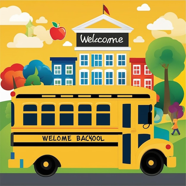 Желтый школьный автобус с надписью «Добро пожаловать, добро пожаловать».