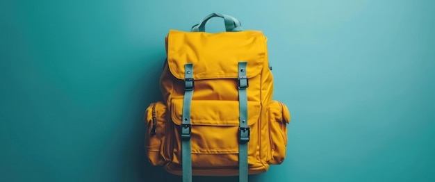 yellow schoolbag with school supplies on a blue background