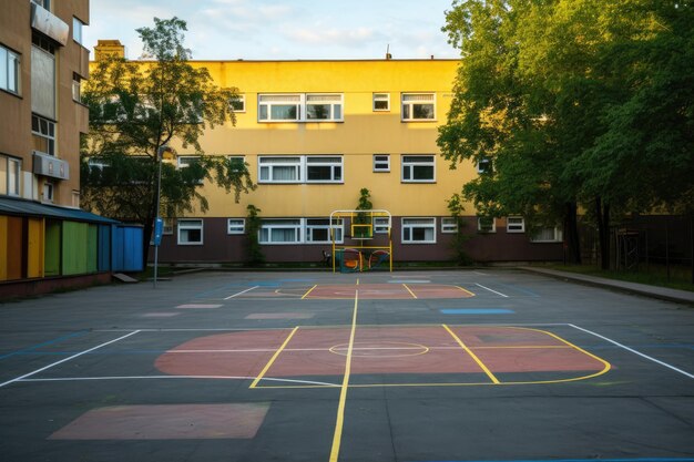 학교로 돌아가는 노란색 학교와 원거리 샷 페인트 바닥 정원 Generative ai