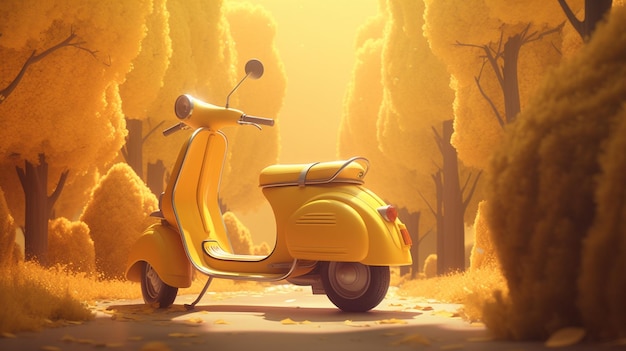 A yellow scooter in the autumn forest